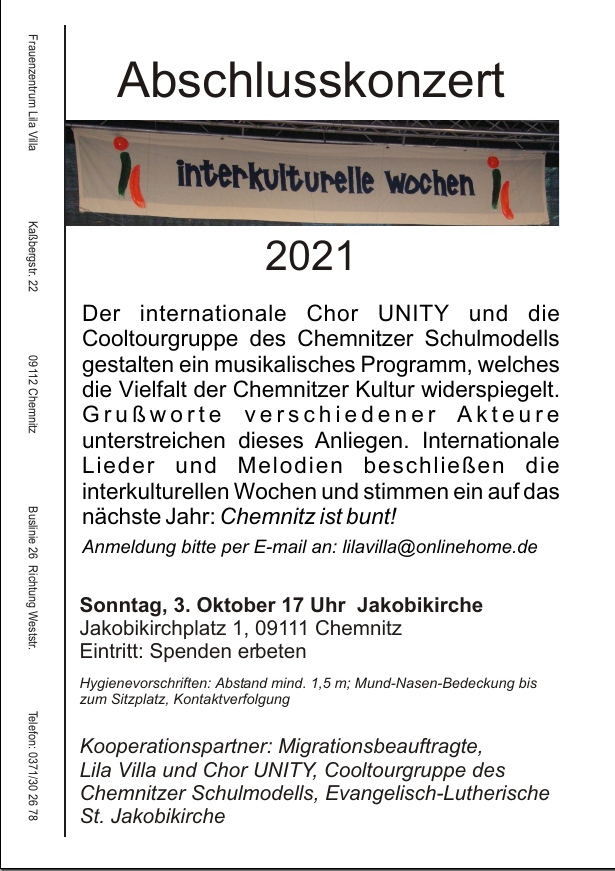 Flyer Abschlusskonzert INterkulturelle Wochen Konzert 3.10.2021 17 Uhr Jakobikirche Chemnitz: INternationaler Chor UNITY und die Cooltourgruppe des Chemnitzer Schulmodells.